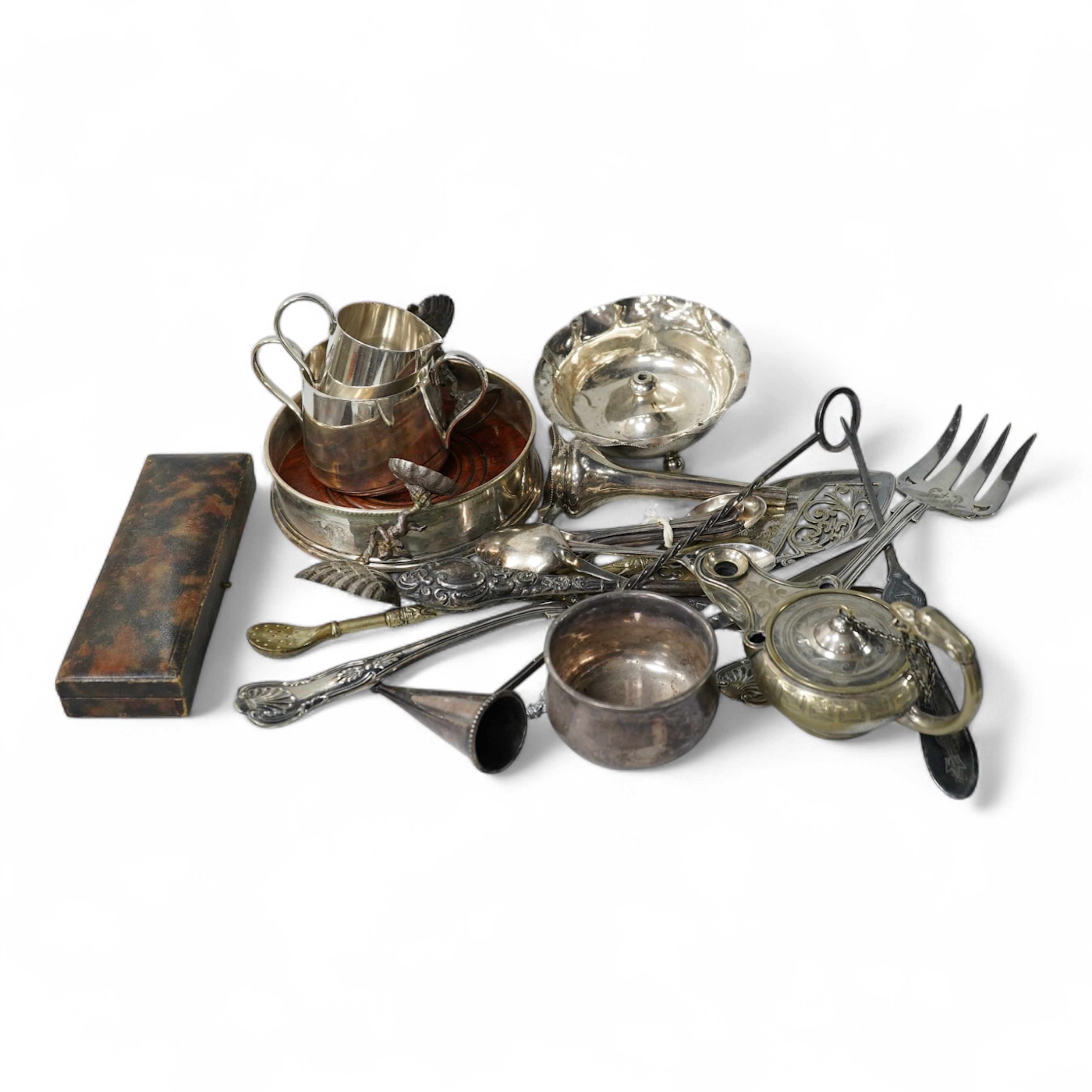 A collection of various plated wares and small silver